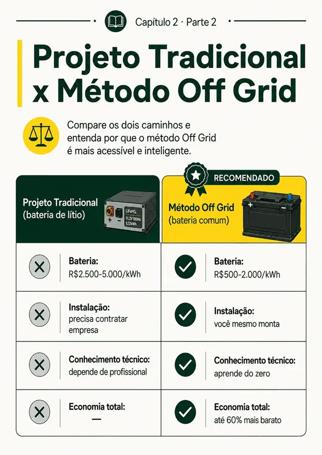 Página do guia: projeto tradicional x método off grid